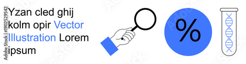 Scientific study, research tools, data analysis, medical studies, information verification, genetic research. A magnifying glass, percentage symbol and DNA helix icon. Scientific study and research