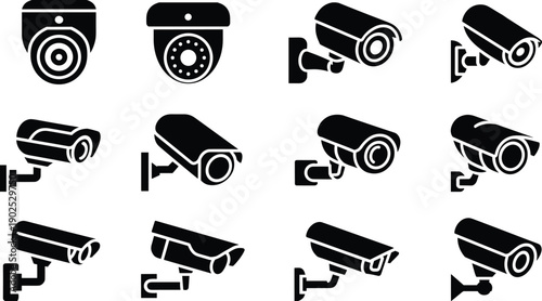 CCTV security camera silhouettes set isolated vector illustration surveillance system monitoring technology protection equipment icons collection