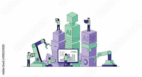 Artificial intelligence development, concept of AI building blocks with robots and people working on technology, digital transformation, innovation