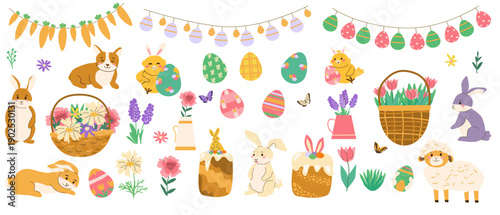 Cartoon Spring Easter stickers set. Vector illustration isolated on white. Easter eggs, rabbits, chicks, dog and spring flowers and cakes. Cute easter animals and festive elements set.