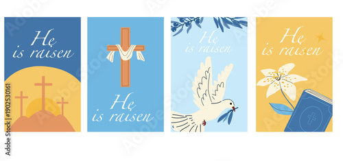 Holy Week, Hi is raisen Easter Christian cards with Jesus's cross, dove, crusifix and lily flower with Bible. Cartoon flat vector illustration for Cristian Easter.