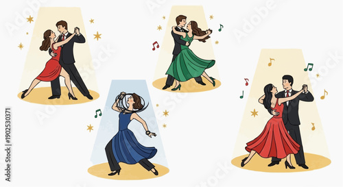 Couples and solo dancer in elegant dresses dancing waltz with musical notes and stars around them on beige background