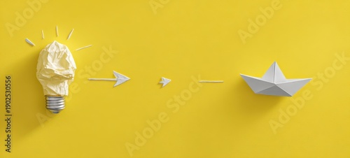 The Lightbulb Transforming Paper Ideas into an Origami Boat on Yellow Background