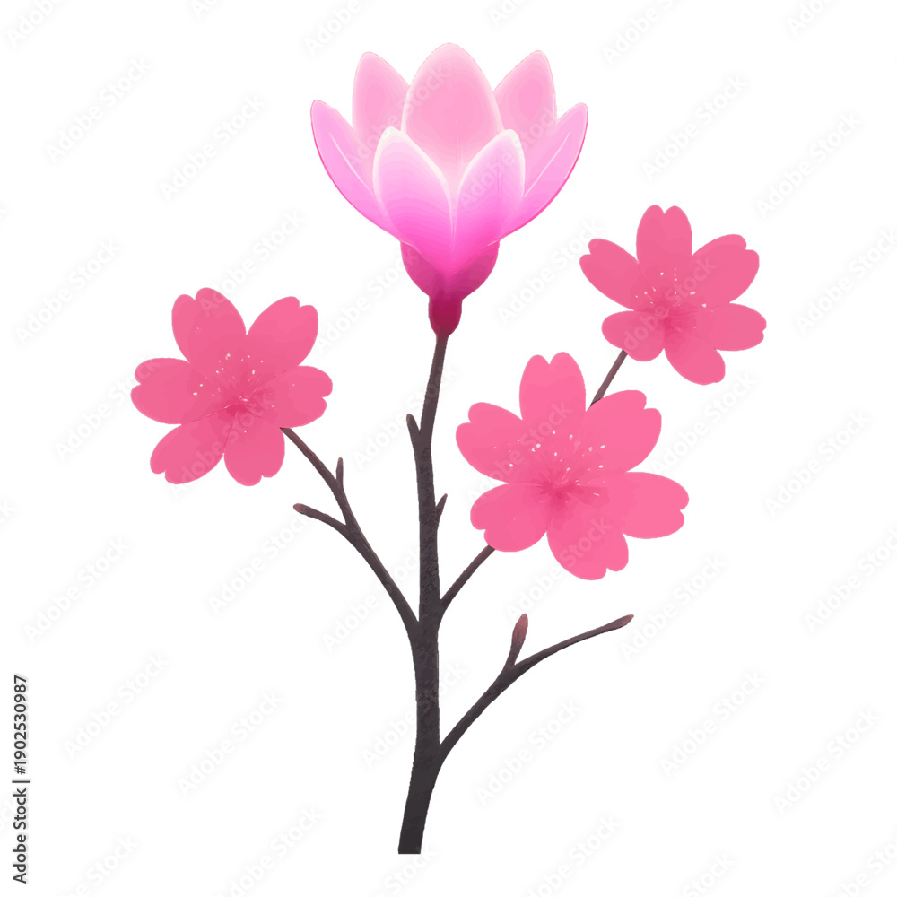 Fototapeta premium Stylized Lotus and Cherry Blossom Branch Illustration