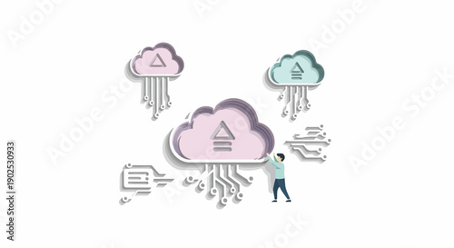 Cloud Computing Concept: Data Upload and Transfer with Tiny Person Interacting with Digital Networks