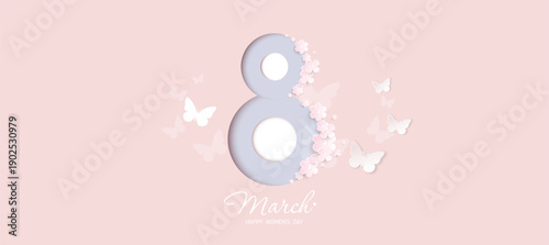 A gentle, festive banner for International Women's Day. Background for women's day with flowers, butterflies and the number 8 on a beige pastel background. Vector EPS 10.