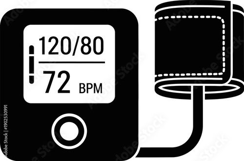 Blood pressure monitor vector icon with cuff, digital display showing systolic, diastolic, and heart rate, medical device illustration isolated on white
