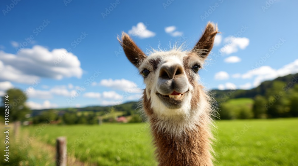 Obraz premium Smiling Llama Closeup in Beautiful Grassland Under Clear Blue Sky