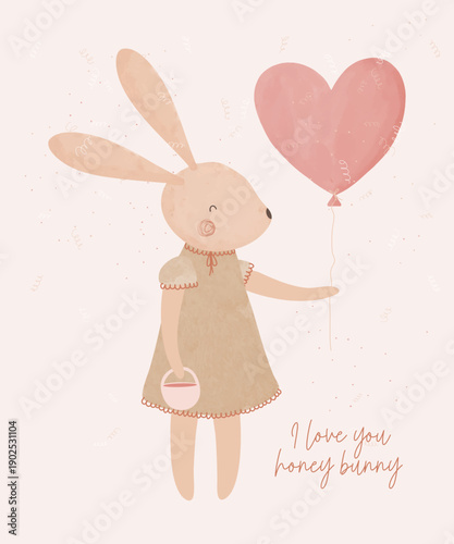 Sweet Bunny with Heart Balloon. I love you honey bunny. Cute hand drawn vector illustration of funny bunny isolated on a light pink background, ideal for Valentine's cards and children's designs.