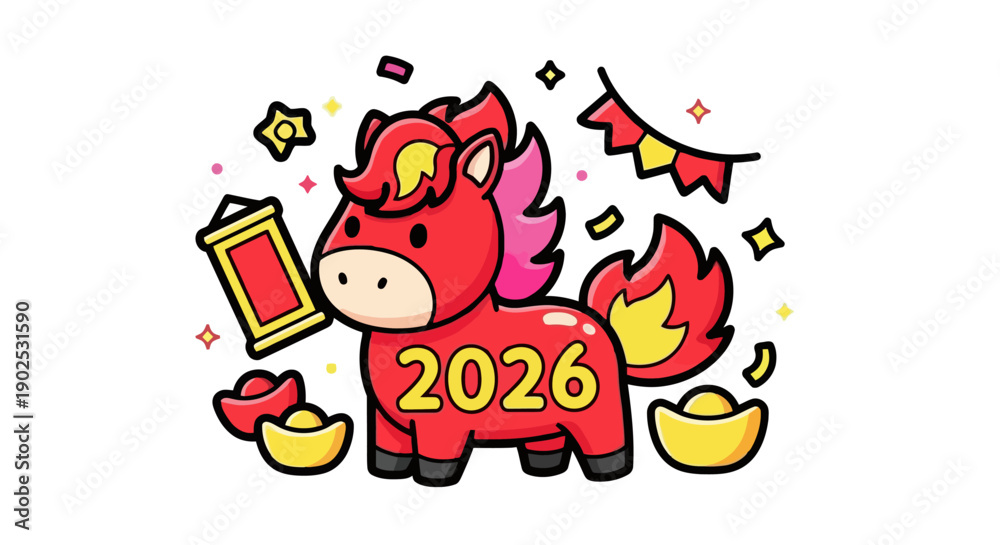 Fototapeta premium Festive Red Horse Cartoon Character Celebrating the Lunar New Year 2026, Adorned with Traditional Decorations and Symbols of Prosperity
