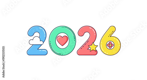 Charming and Colorful 2026 New Year Illustration with Playful Symbols, Ideal for Festive Greetings, Future-Themed Content, and Decorative Graphic Designs
