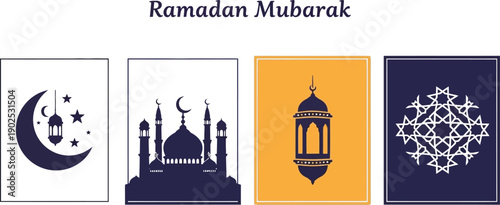 A set of Ramadan Mubarak vector graphics featuring mosque, lantern, and crescent moon icons