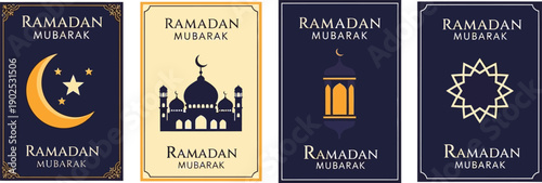 A set of Ramadan Mubarak vector graphic cards with mosque and crescent moon designs