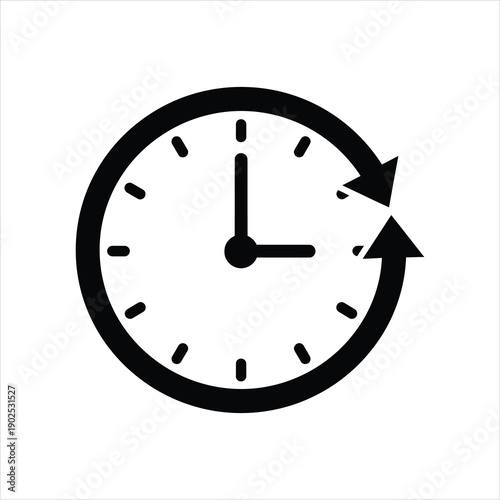 Simple black and white clock icon with arrows indicating time passing or a loop, representing concepts of time, schedule, or deadlines.