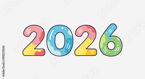 Vibrant and playful 2026 new year design with a colorful, textured liquid effect, perfect for future celebrations, calendars, and digital greetings