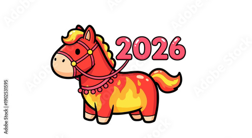 Adorable cartoon fiery horse illustration for the year 2026, a vibrant and festive symbol for new beginnings and future celebrations