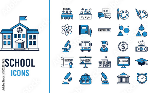 Complete set of school and education line icons with building and student symbols for academic and learning design