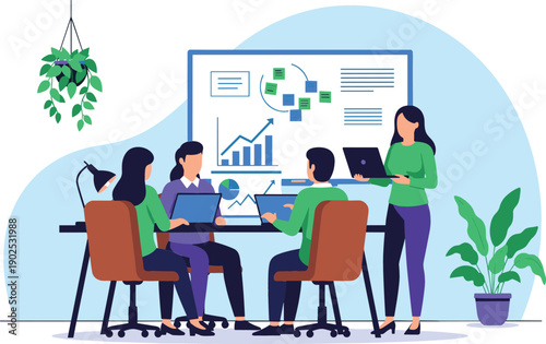 Business team collaborating on project with laptops and data charts on whiteboard flat vector illustration isolated on white