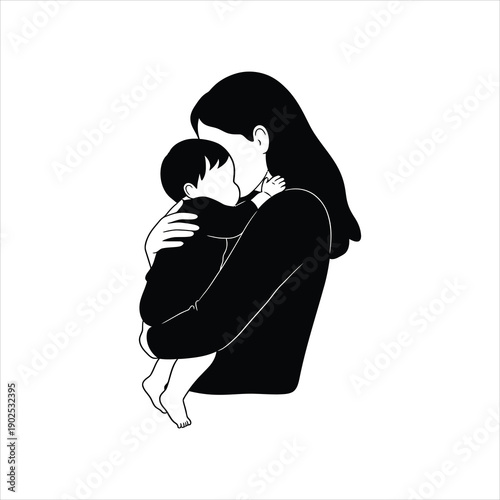 Silhouette illustration of a mother embracing her baby closely, conveying maternal love, tenderness, and the bond between parent and child.