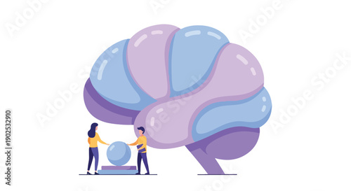 Two people working together to build or understand a large, stylized brain, symbolizing teamwork and cognitive processes.