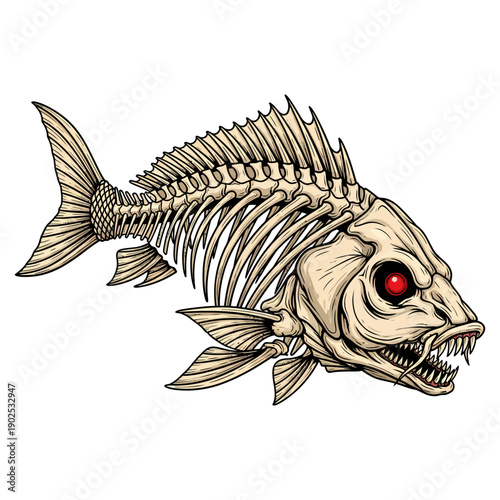 Skeleton carp fish with red eyes and sharp teeth vector illustration on white background