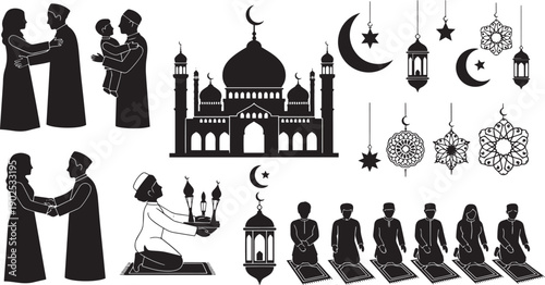 A black and white vector illustration of a chain silhouette framing a romantic couple at a Paris landmark tower