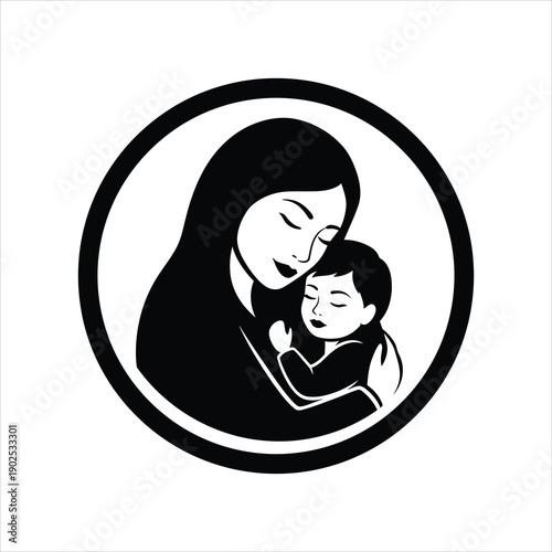 Elegant black and white circular graphic of a mother cradling her baby, symbolizing love, protection, and the maternal connection.