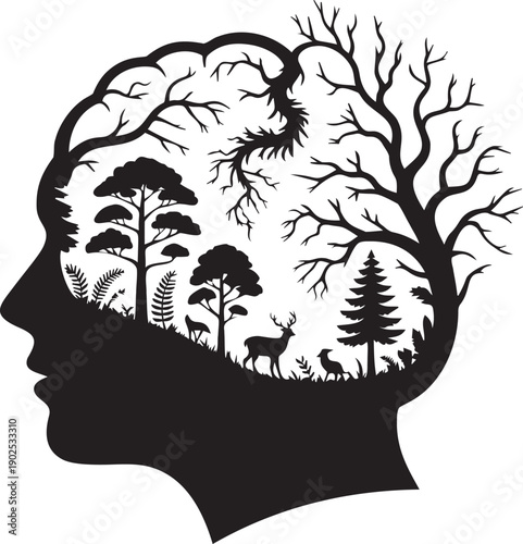 Human profile silhouette with internal forest landscape and animals