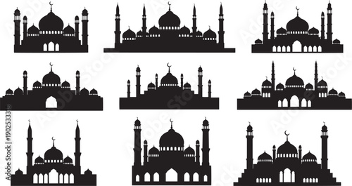 Black silhouettes of various mosques with domes and minarets on white background