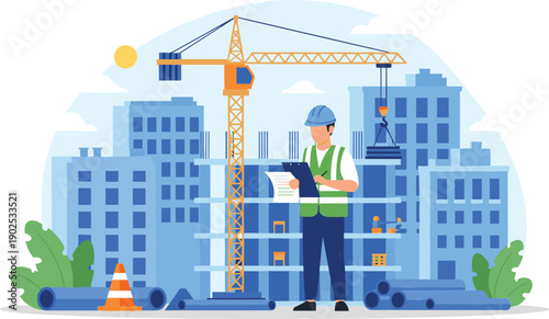 Professional civil engineer inspecting construction site with crane and blue building silhouettes flat vector illustration isolated on white