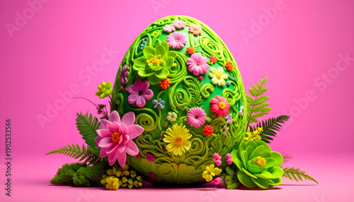 Vibrant abstract neon green Easter egg made of wool and exotic flowers on neon pink background, highly detailed and filigree, bohemian folk style, colorful Easter card design with generous copy space.