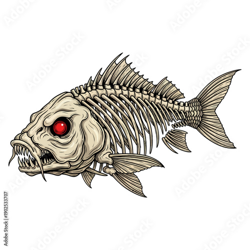 Skeleton carp fish with red eyes and sharp teeth vector illustration on white background