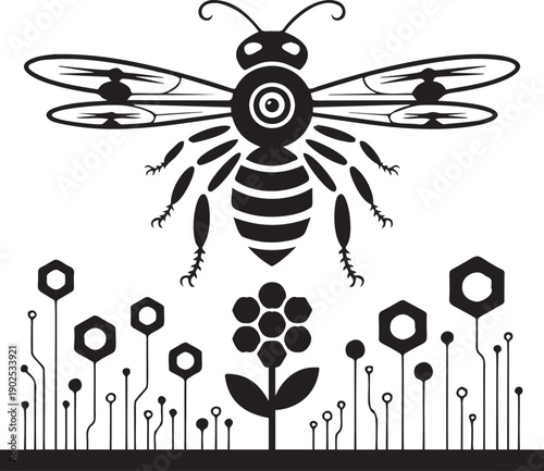 Cybernetic bee flying above futuristic flower garden vector illustration