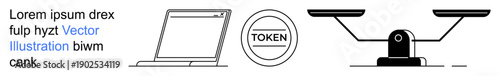 Cryptocurrency, fintech, digital economy, blockchain, legal system, financial transactions. Laptop, token and balance scale as outlined icons. Cryptocurrency and fintech concepts