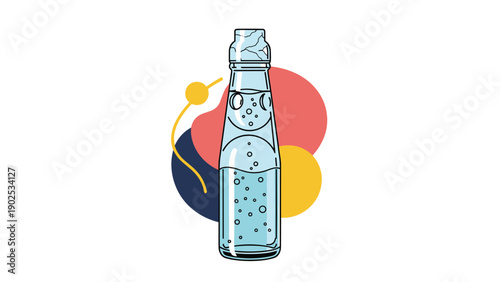 Traditional japanese ramune soda bottle with a marble stopper and bubbles against an abstract colorful background.