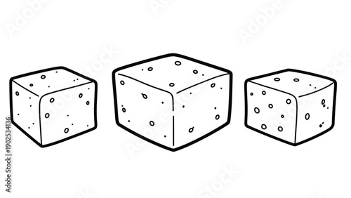 Set of three hand-drawn white tofu cubes with dotted texture isolated on a plain white background for cooking themes.