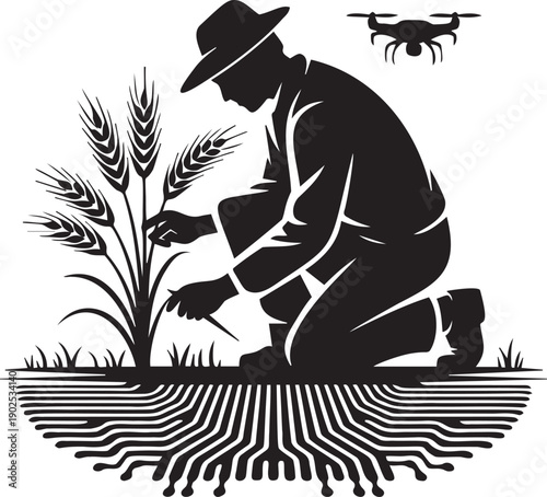 Farmer using drone for smart farming with wheat and roots