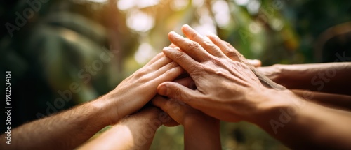 The Hands of a Diverse Team United in Supportive Outdoor Unity and Trust