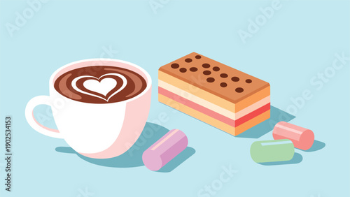 Isometric illustration of a latte cup with heart latte art, a slice of layered cake, and colorful marshmallows on blue.