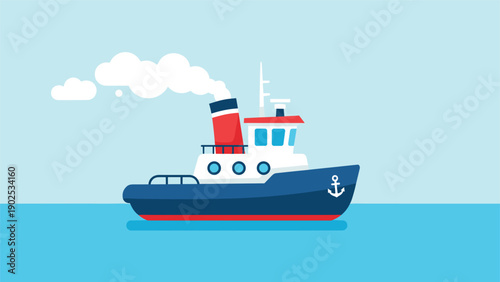 Colorful cartoon tugboat sailing on blue water with a white smoke cloud coming from its red funnel under a clear sky.