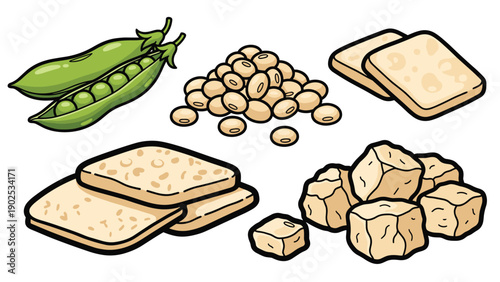 Collection of soy-based foods including edamame pods, dry soybeans, tofu blocks, and tempeh slices for a healthy diet.