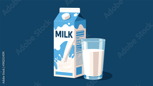 Blue and white milk carton alongside a full glass of fresh milk set against a dark blue background in a flat design style.