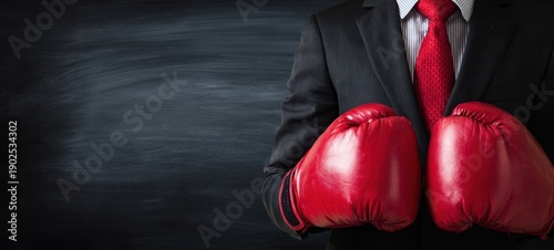 The Businessperson Wearing Red Boxing Gloves Ready to Face Corporate Challenges and Competition
