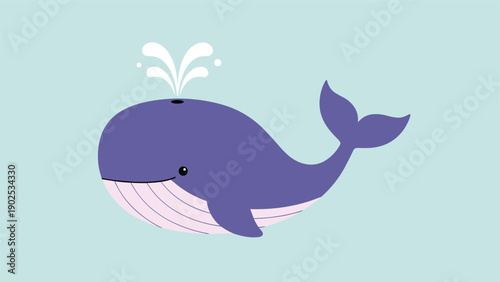 Friendly purple whale spouting water from its blowhole against a light blue background in a charming children-style illustration.
