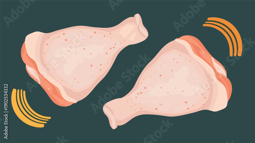 Two raw chicken thigh pieces with skin on shown against a dark green background for food preparation and cooking themes.