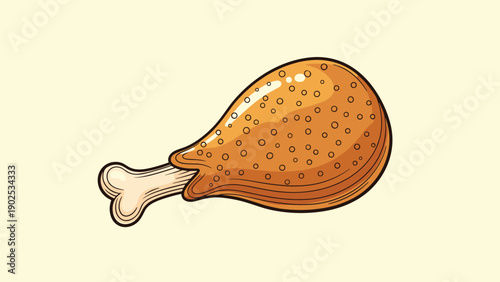 Crispy golden-brown fried chicken drumstick on a bone shown in a detailed illustration against a light yellow background.