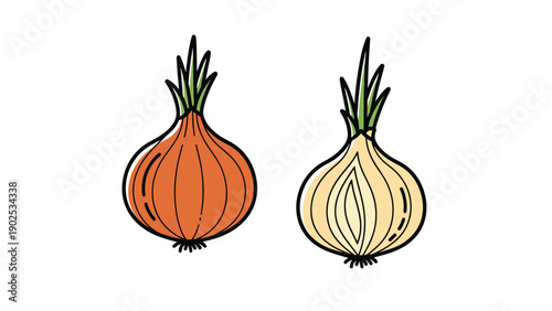 Red and white onions shown as whole vegetables with green shoots for cooking, flavor, and culinary design projects.