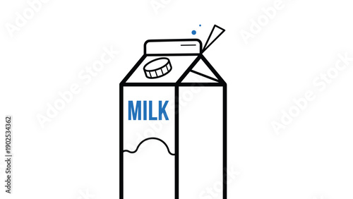 Simple line art drawing of a milk carton with the word MILK and a blue water droplet icon representing dairy products.