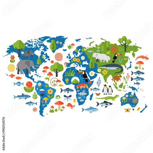 Global Map with Diverse Wildlife and Ecosystems