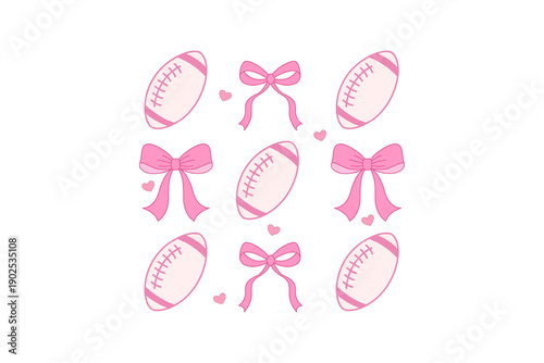 Cute pink football and bow pattern for baby girl sports theme isolated on transparent background